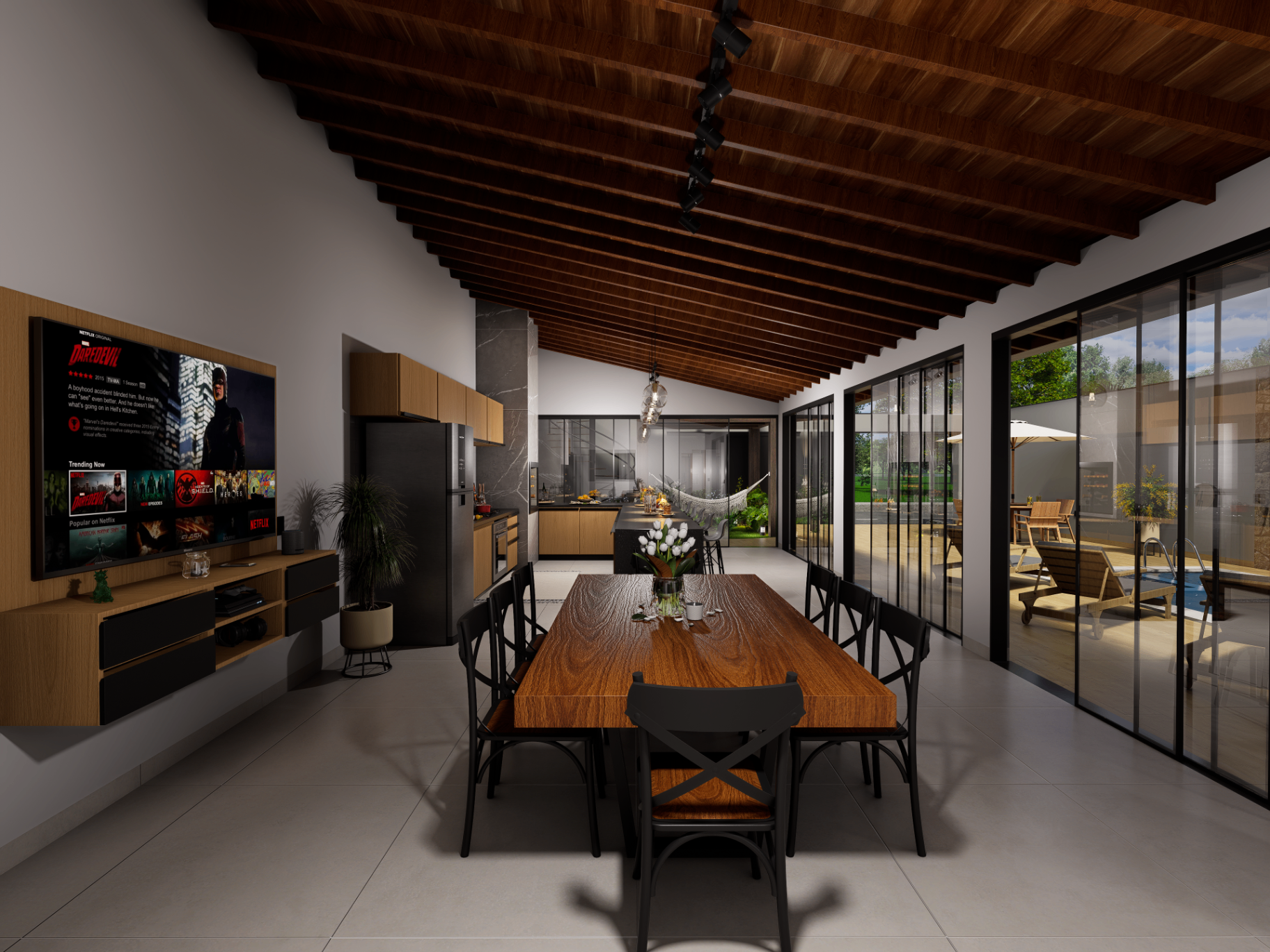Sala de jantar integrada à cozinha e à área externa, com cobertura em madeira e grandes esquadrias de vidro.