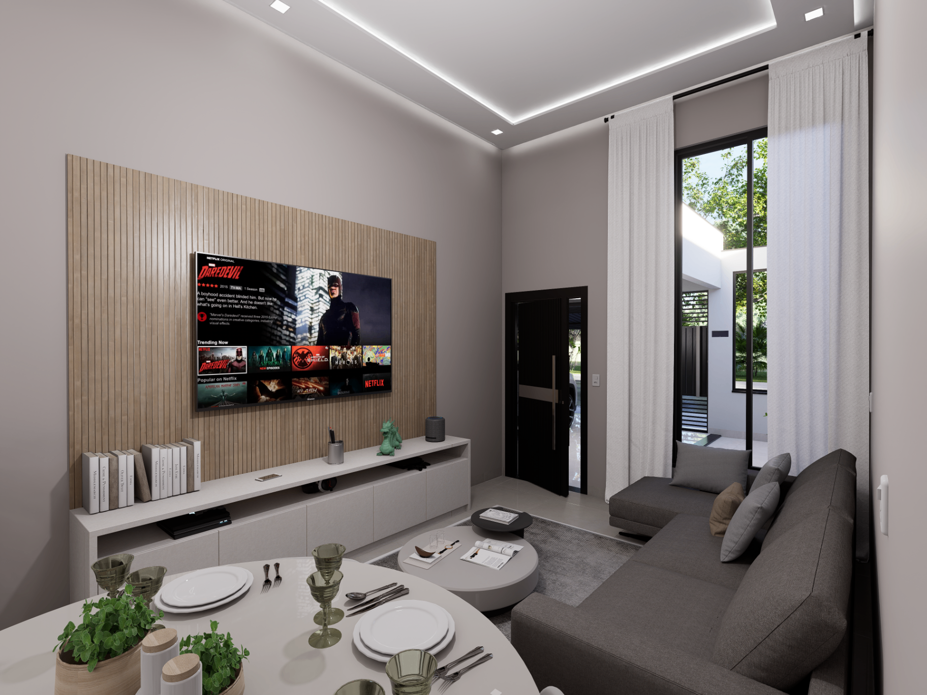 Ambiente de estar com painel ripado, pé-direito alto, esquadria vertical e mesa de jantar em primeiro plano.