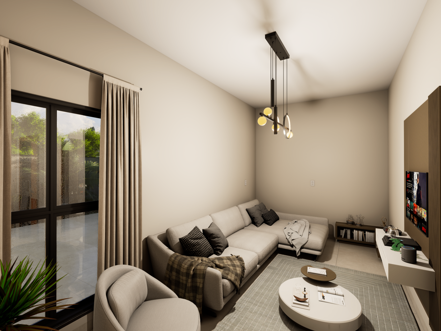 Sala de estar com sofá em L, cortinas neutras e painel de TV em ambiente aconchegante e compacto.