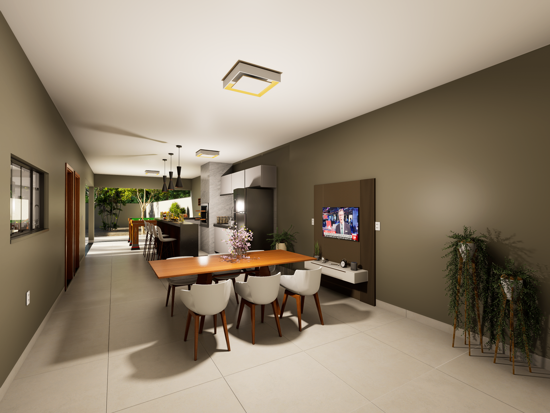 Sala de jantar integrada à cozinha e ao painel de TV com iluminação natural abundante na Residência ICF iForms.