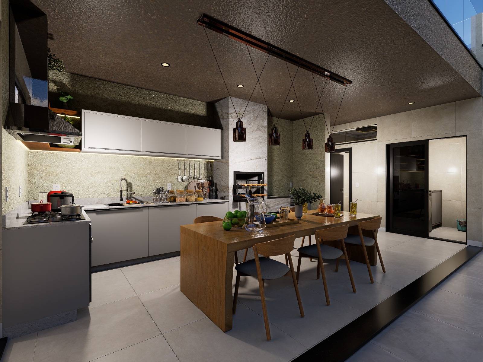 Cozinha gourmet com mesa de jantar em madeira, marcenaria cinza, bancada em mármore e churrasqueira embutida.