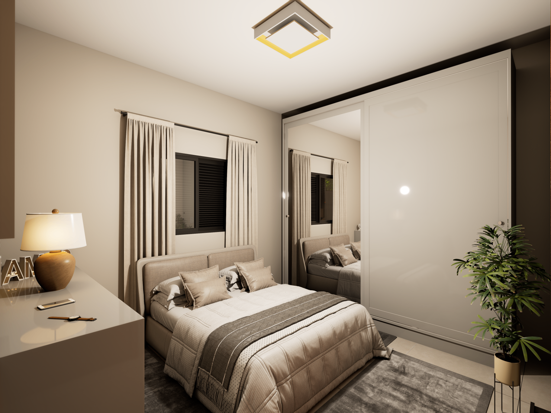 Quarto com guarda-roupa espelhado, paleta clara e composição minimalista da área íntima da residência.
