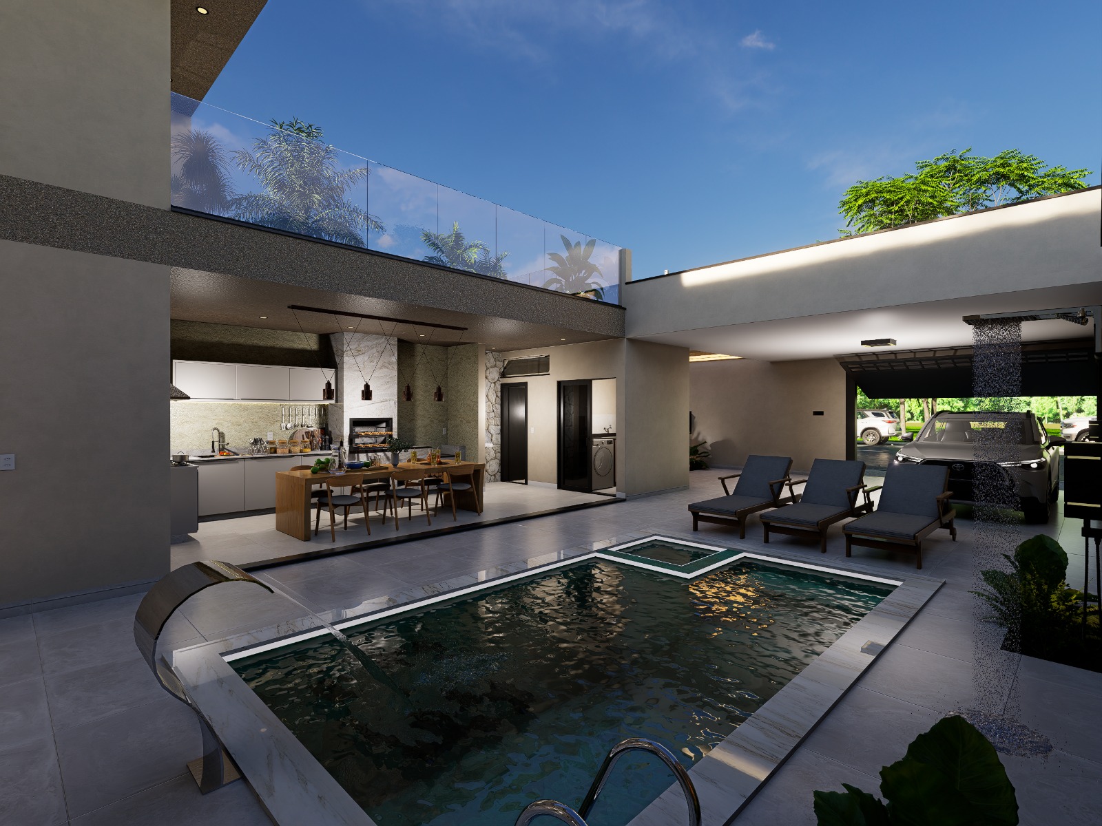 Piscina com cascata de inox, espreguiçadeiras e vista para a garagem coberta e fachada superior em vidro.