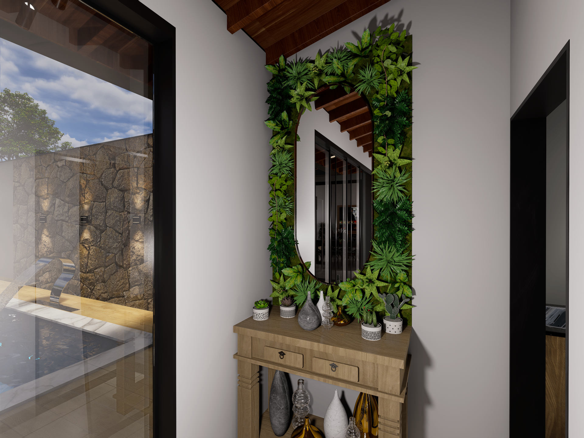Hall com aparador e espelho orgânico emoldurado por jardim vertical voltado para a área da piscina.