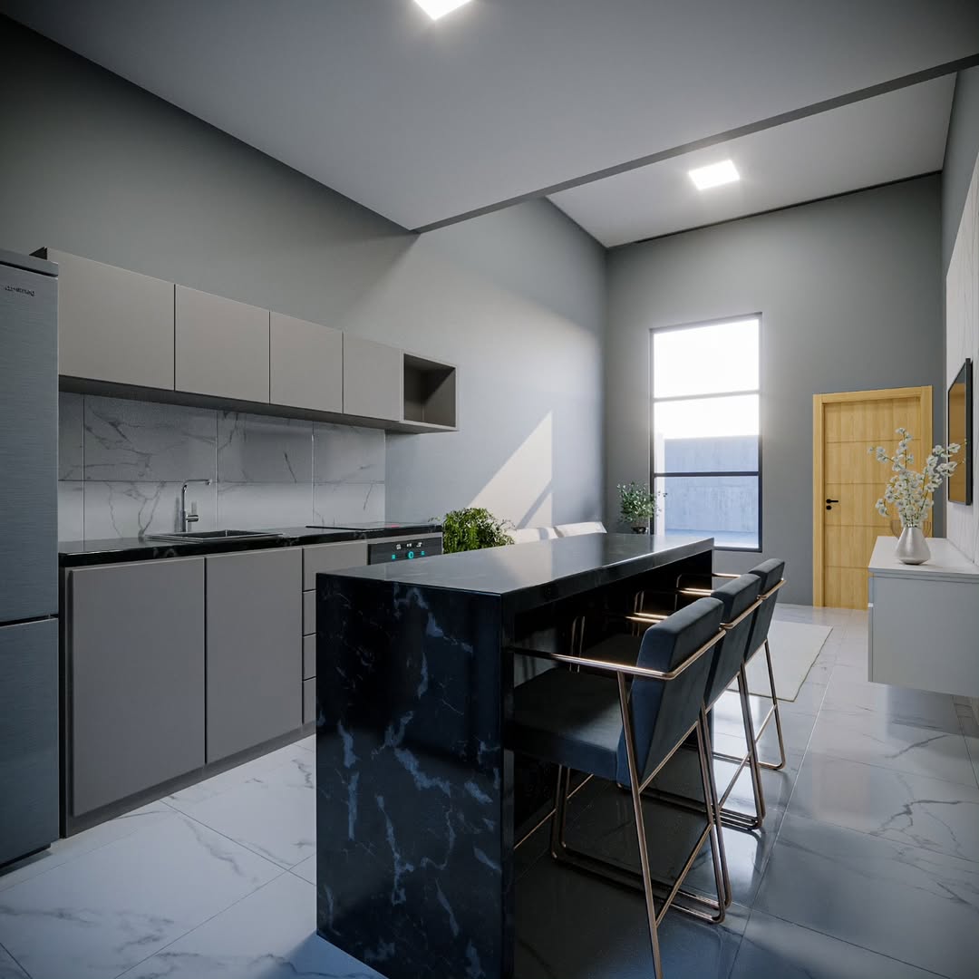Cozinha com marcenaria cinza, bancada em granito, ilha central em mármore preto e banquetas altas estofadas.