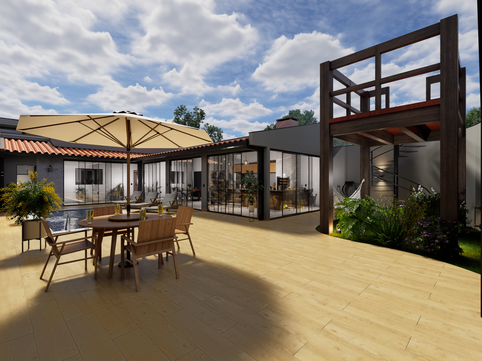 Varanda gourmet com mesa externa, piscina e estrutura elevada em madeira integrada ao jardim.