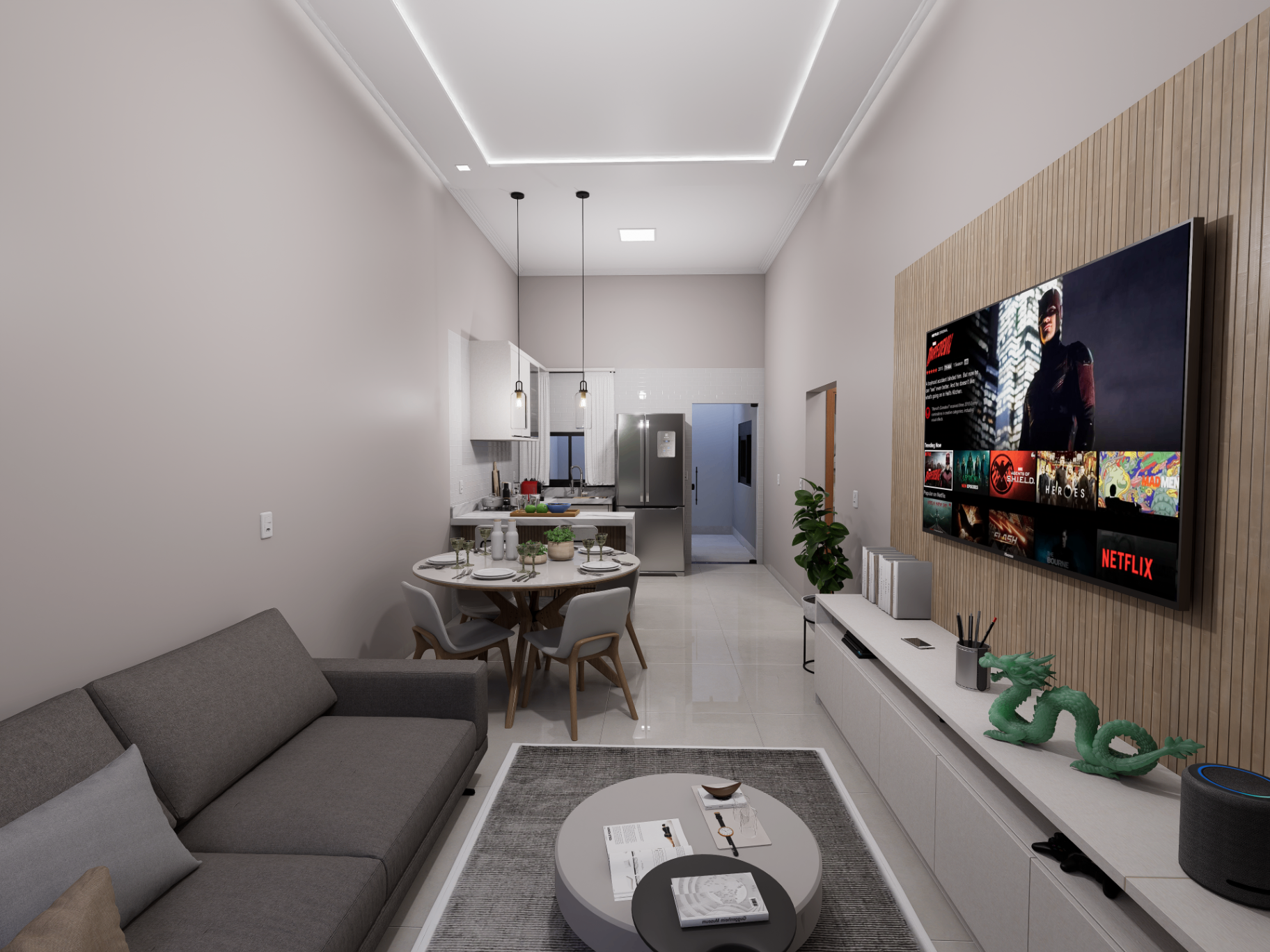Perspectiva longitudinal da sala compacta com sofá, painel de TV e cozinha ao fundo em eixo contínuo.
