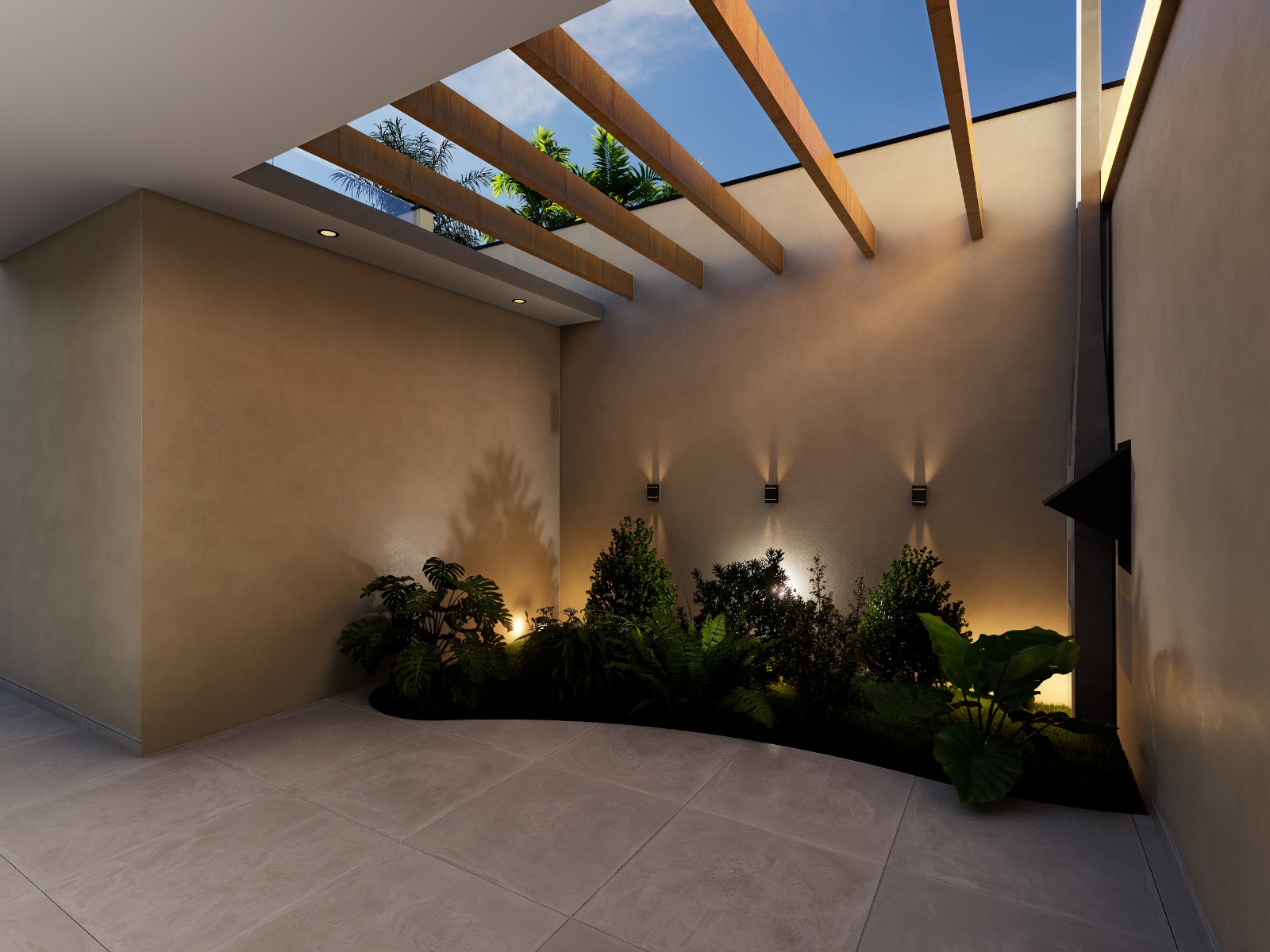 Detalhe do jardim de inverno com vigamento aparente em madeira, plantas tropicais e iluminação cênica nas paredes.