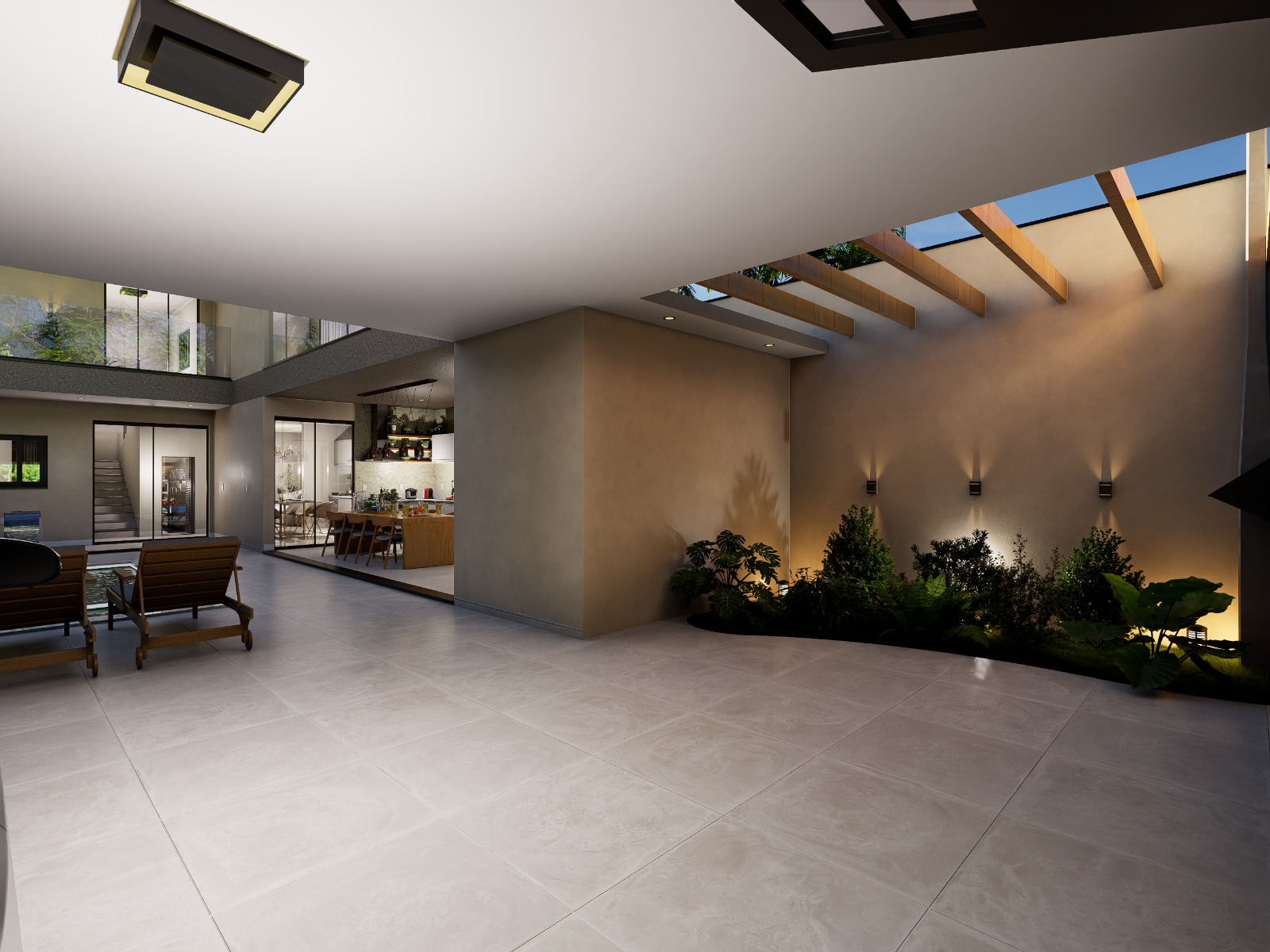 Área interna ampla com pé-direito duplo, jardim de inverno iluminado, escada lateral e integração com cozinha.