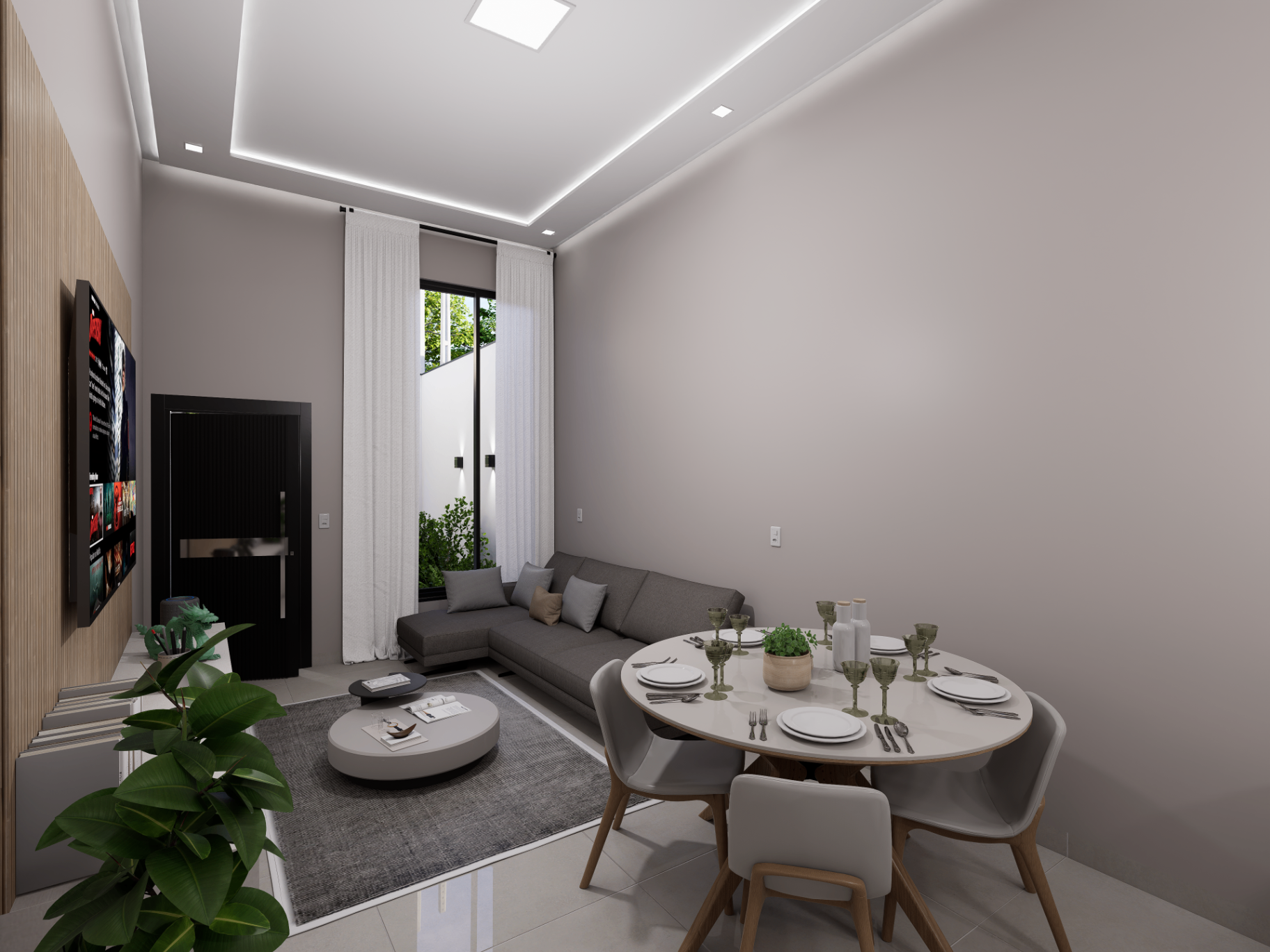 Ângulo complementar da área social com sofá em L, mesa de jantar e iluminação linear no forro.